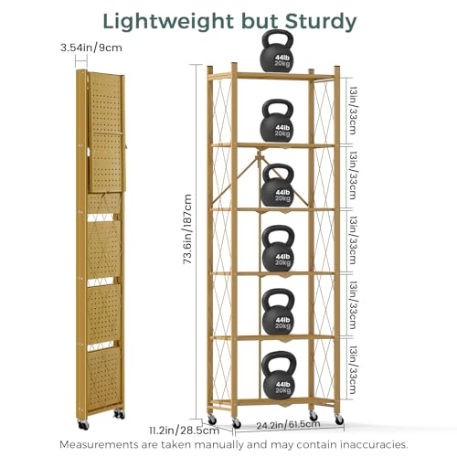 DEANIC 6-Shelf Folding Bookcase with Wheels, Heavy Duty Storage Shelves, Freestanding Metal Wire Shelving Unit for Living Room, Office, Kitchen, Basement, Pantry (Gold) - color: Gold, size: Compact 6 tier