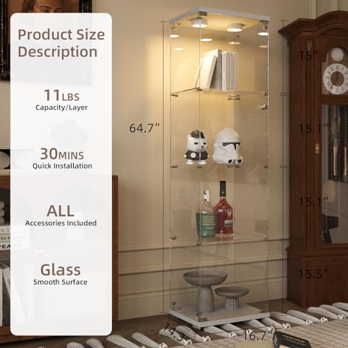 Beauty4U Glass Display Cabinet with LED Light, 4 Shelves, Curio Cabinets for Living Room, Bedroom, Office, White Floor Standing Glass Bookshelf, Quick Installation - color: White-led, size: 1-Door 4-Shelf