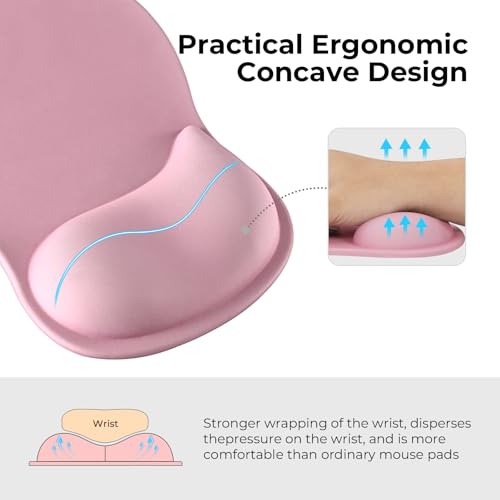 EooCoo Ergonomic Pink Mouse Pad with Gel Wrist Rest Support Middle Concave Design, Relieve Wrist Pain Mousepad, Wrist-Contoured Design for Carpal Tunnel Syndrome, Office Desk Accessories for Women - color: Pink