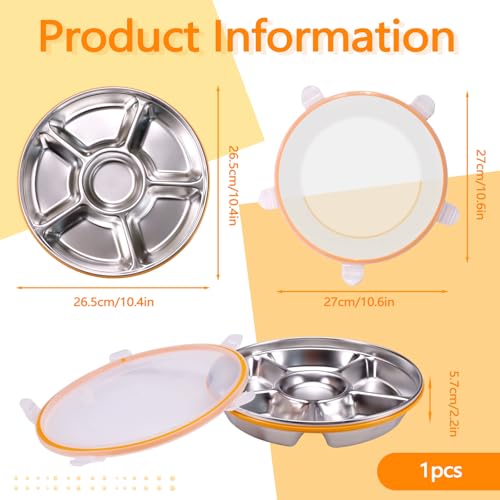 ASTIMESA Divided Serving Tray with Lid 6 Compartments, 10.4 Inch Stainless Steel Round Veggie Tray, Reusable Snack Box Container Fruit Platter Parties Fridge Food Storage Picnic (1 pcs)