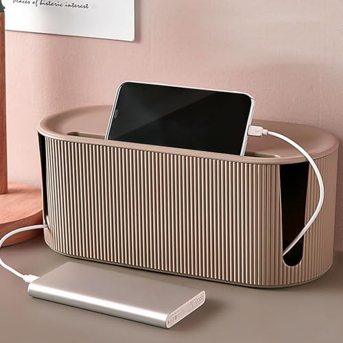 Cable Management Box,Desk Cord Organizer with Groove Cover,Plastic Cord Hider Box,Large Cable Box Organizer,Power Socket Management for TV/Computer/Router/Games Console Cable Storage (Milk Tea) - color: Milk Tea