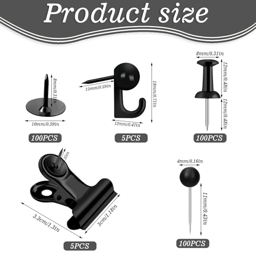 310 Pcs Push Pins Set, Black Thumb Tacks Decorative Push Pins for Cork Board with Push Pin Hook Pushpin Clip 5 Style Office Accessories for Cork Board Map Office (Black) - color: Black02