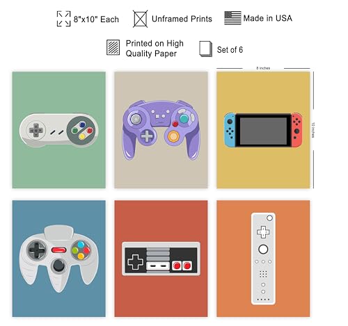 Poster Master 6-Piece Video Game Controllers Print - Gaming Poster - Geeky & Pop Art - Retro Consoles Design - Colorful Game Room or Teen Boy's Room Decor - 8x10 UNFRAMED Wall Art - color: Style-04, size: 8"L x 10"W