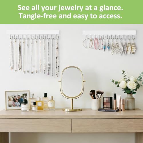 Jewelry Organizer Wall Mounted 2 Pack, Wooden Necklace Holder Wall Hanger with 24 Hooks for Hanging Necklaces and Jewelry Storage, White - color: White