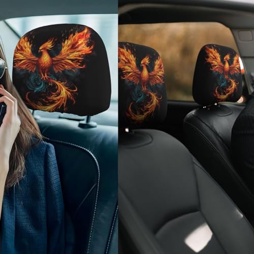 Dujiea 2 Pack Fire Animal Pheonix Print Car Headrest Covers, Universal Soft Car Seat Head Rest Cover Protector, Vehicle Accessories Fabric Headrest Cover for Cars Vans Trucks - color: Fire Animal Pheonix Print