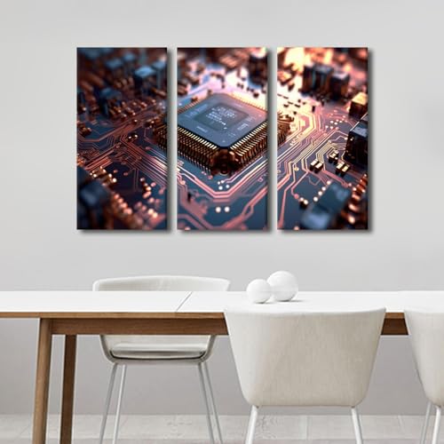3 Panels Computer Chip Framed Wall Art CPU Concept Pictures Posters Wall Art Decor Microchip Canvas Wall Art for Living Room Posters & Prints House Decorations Framed Ready to Hang (36" Wx24 H) - color: Artwork-04, size: 36"Wx24"H