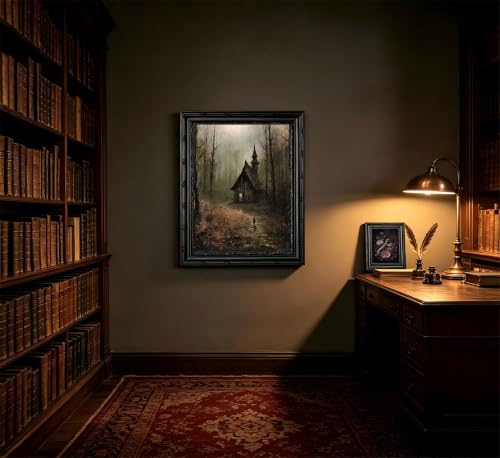 Dark Gothic Forest Church Framed Wall Art, Vintage Moody Landscape Canvas Print with Ornate Black Carved Frame, Dark Academia Aesthetic Wall Decor for Bedroom Living Room Halloween - color: Forest Church, size: 16"L x 12"W