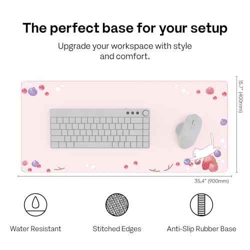 Pixio Mouse Pads - 36 x 16 inch XXL Cats & Berries Pink Multifunctional Large Desk Mats for Gaming, Office, Desktop Anti-Slip Waterproof Washable Computer Mouse Mat - color: Pink