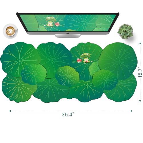 HAOCOO Cute Frog Desk Mat, Scalloped Desk Matt for Desktop, Large Mouse Pad for Desk, Non-Slip Keyboard Mat, Green Desk Mat with Stitched Edge, Kawaii Mouse Pad for Office (35.4" × 15.7") - color: Green