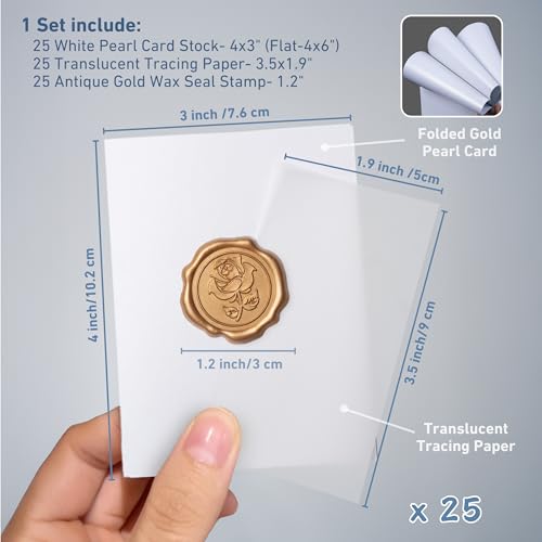 25 Pack Name Cards for Table Setting, Printable Place Cards with Antique Gold Rose Wax Seal Sticker for Wedding, Table Tent Card Stock Decor for Party, Dinner, Home (Pearlized White) - color: Pearlized White