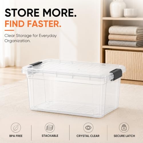 Superio Small Storage Bins with Lids- 3 Pack, 4.75 Qt Clear Boxes for Organizing, Stackable Plastic Containers- BPA Free, Non-Toxic, Odor Free, Organizer for Home, Office, Dorm - size: 4.75 Quart, style: 3 Pack