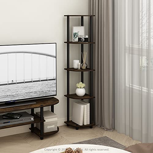 Furinno TURN-N-TUBE Corner Shelf, 5-Tier Corner Bookshelf, Open Storage Shelves, for Organization and Storage, Living Room, Home Office, Garage, Bedroom, Amber Pine - color: Amber Pine/Black, size: 5-Tier Round Tube