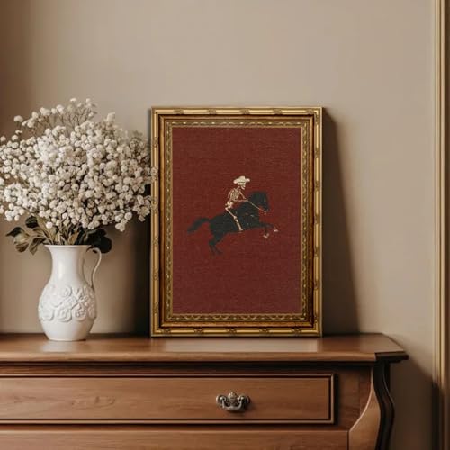 Electrilucn Gold Framed Vintage Skeleton Cowboy Riding Horse Canvas Wall Art Poster Black Horse Painting Picture Rustic Gothic Western Cowboy Halloween Wall Decor for Living Room Bedroom 12x16in - color: Skeleton Horse, size: 16"L x 12"W