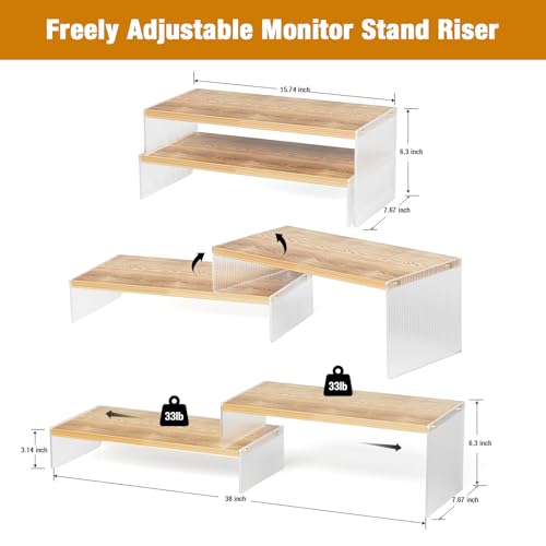 Adjustable Monitor Stand Riser with Acrylic Legs丨15.74" Length Dual Monitor Stand for Desk丨2-Tier Wood Desktop Organizer for Computer, Laptop, Printer & PC丨Modern Aesthetic Desk Shelf(wood-wavy) - color: wood-wavy, size: 7.67' W*15.74L