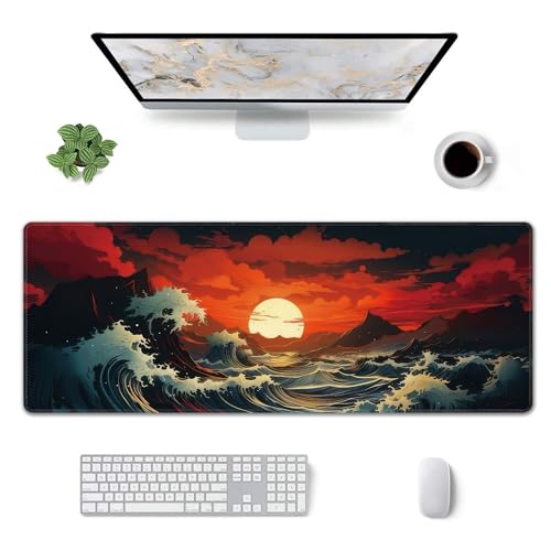 Japanese Sea Wave Large Mouse Pad,Gaming Keyboard Desk Pad,Extended Mouse Mat Non-Slip Rubber Base with Stitched Edges for Office Game Home XL 31.5"x11.8" - color: Japanese Wave, size: 31.5L x 11.8W inches