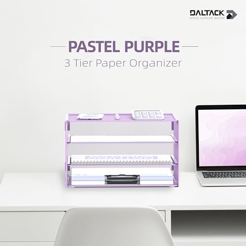 DALTACK 3 Tier Letter Tray Paper Organizer for Desk, Mesh Metal Desk File Organizer with Sliding Trays for Letter/A4 Paper, Mail, Bills & Folders, Light Purple - color: Purple