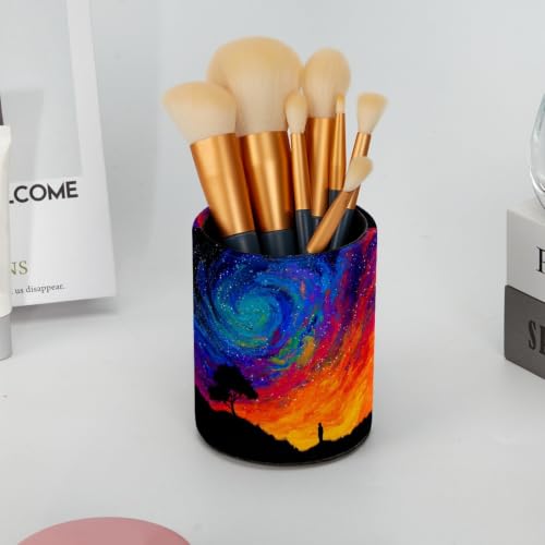 Blue and Red Abstract Sky Pen Holder Pencil Organizer for Desk, 3.1” x 3.1” x 3.9” Pencil Cup Office Supplies, Large Capacity Cute Pen and Makeup Brush Holder for Home, School, Desktop - color: Blue and Red Abstract Sky