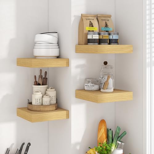 Axeman Square Floating Shelves for Wall, 8" W x 8" D x 1.4" H Rustic Wooden Wall Shelves, 4 Pack Wall Mounted Floating Shelf with Invisible Brackets for Living Room, Bathroom, Kitchen, Oak Color - color: Oak, size: 8 Inch, Set of 4