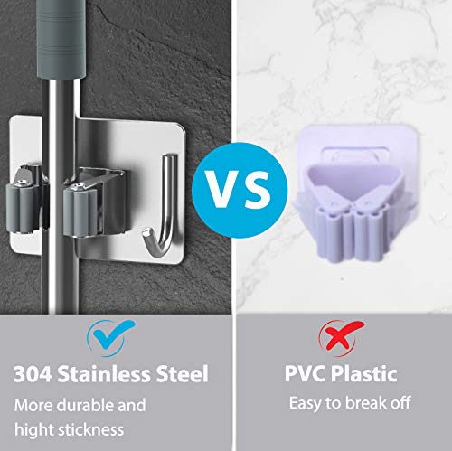 homeasy Mop Broom Holder No Drill, Mop Broom Organizer Wall Mounted Heavy Duty with Hooks Hanger, Self Adhesive Stainless Steel 6Pcs for Bathroom, Kitchen, Office (Silver) - color: Silver