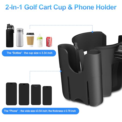 Golf Cart Cup Holder with Phone Holder,2-in-1 Adjustable Drink Phone Moun | Sturdy Holder Fit Frame Back Rear Seat Armrest Kit Outdoor Accessories Compatible for EZGO/Club Car/Yamaha & Most Golf Cart