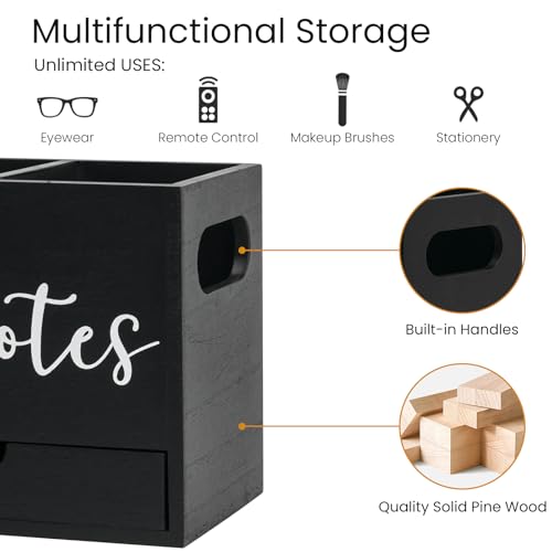 Remote Control Holder, Wooden TV Controller Holder, Desk Organizer with 2 Compartment and Drawers for TV & Office Supplies, Ideal for Tabletop (Black) - color: Black