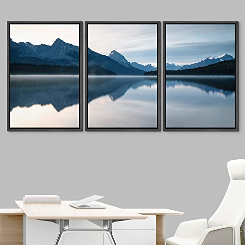 NWT Framed Canvas Print Wall Art Set Morning Mountain Range & Lake Landscape Nature Wilderness Photography Modern Art Realism Decorative Rustic for Living Room, Bedroom, Office - 16"x24"x3 Black - color: A02-2210-yuk28, size: 16" x 24" x 3 Panels BLACK