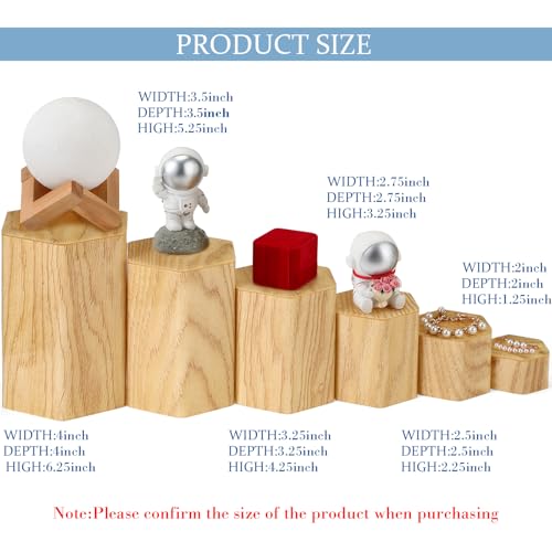 Jetec 12 Pcs Hexagonal Jewelry Display Risers Hexagonal Market Display Risers Stands Acrylic Showcase Acrylic Stand for Jewelry Model Figures Decoration, 6 Sizes (Woodgrain) - color: Natural Color