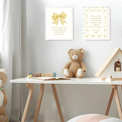 LARTSFRO Coquette Yellow Bow Jesus Wall Art Decor Posters, Butter Yellow Bow Christian Room Bedroom Bathroom Dorm Wall Art Decor Aesthetic for College Teen Girls Gifts, Inspirational Bible Verses Bow Wall Decor, 10x8 Inch Set of 4 Bow Pictures(UNFRAMED) -