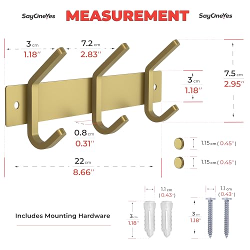 Brushed Gold Small Coat Rack Wall Mount – 9 Inch Stainless Steel Rail with 3 Double Coat Hooks for Entryway, Bathroom, Bedroom, Kitchen – Modern Gold Hook Rack for Coats, Hats, Towels - color: Gold, size: 3 Hooks - 1 Pack