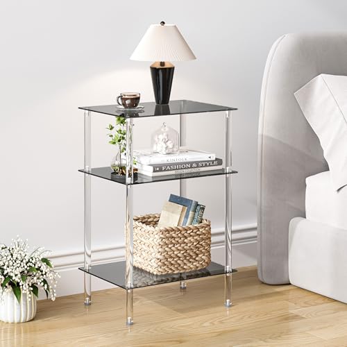 Tempered Glass Side Tables Set of 2 Acrylic End Table with 3 Storage Shelve transparent Bedside simplicity clear 3-Tier Nightstands for small Spaces Office Bedroom Living Room Study black ET-008BK3T - color: Black, size: 3 tier High