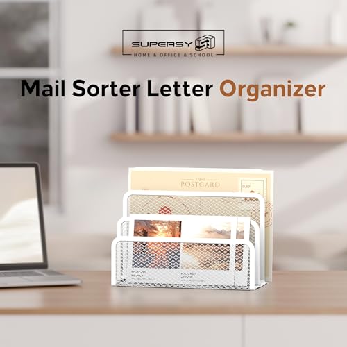 SUPEASY Mail Organizer for Desk, Mesh Metal Mail Holder Countertop with 3-Slot, Letter Sorter File Holder, Office Envelope Organizer for Mails (White) - color: White