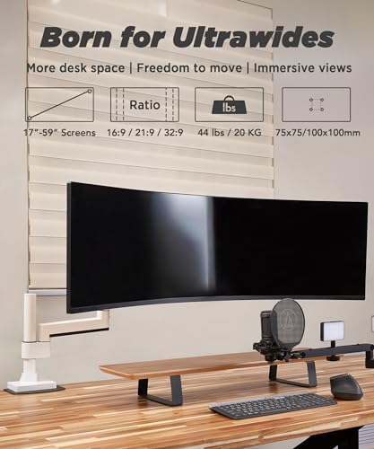 ULTRARM Heavy Duty Monitor Arm for Ultrawide Curved Monitors Modular Design | Max 57", 44 lb, 900R Screens, VESA 100x100, Upgradable, Pneumatic Height Adjustable, C-clamp & Grommet Mount, White, MA20PW-S - color: White, size: Single Monitor Arm