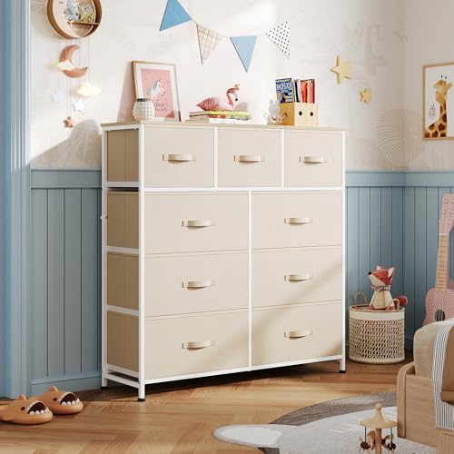 WLIVE 9 Drawer Dresser, Fabric Storage Tower for Bedroom, Hallway, Closet, Tall Chest Organizer Unit for Bedroom with Fabric Bins, Steel Frame, Wood Top, Easy Pull Handle, Cream White - color: Cream White
