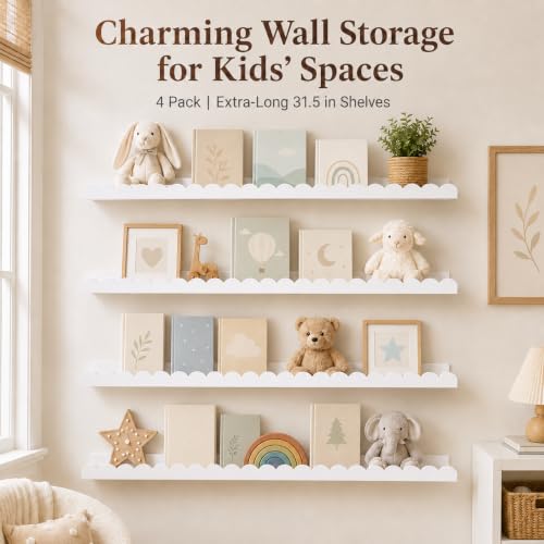 Extra Long White Scalloped Nursery Shelves for Wall, 4-Pack 31.5 Inch Floating Book Shelves for Kids Room, Wall Mounted Bookshelves for Bedroom, Playroom, Book and Decor Display - color: White, size: 4 Pack - 31.5 in x 4.7 in