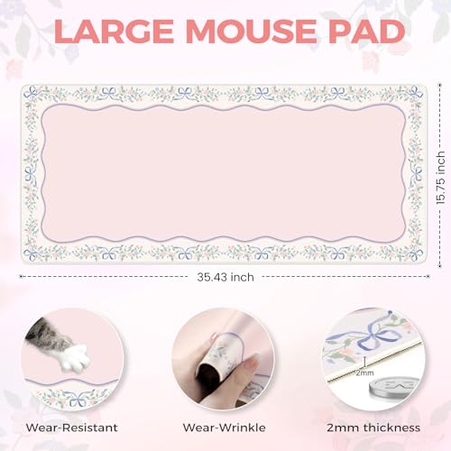 iCasso Pink Desk Mat,Cute Desk Pad for Keyboard and Mouse,Anti-Slip Large Gaming Mousepad XXL,Soft Lycra Surface Computer Mat Women,Girly Keyboard Pad for Home Office - color: Pink Bows