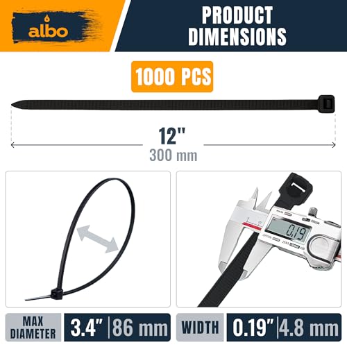 ALBO Zip Ties Black 12 Inch 1000 Pack 50 lb, Long Plastic Cable Ties Thick 0.19 Inch Tie Wraps Heavy Duty UV Resistant Nylon Wire Ties for Indoor and Outdoor - size: 12" Black 1000 Pack 50lb