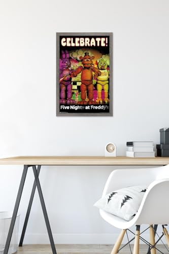 Trends International Five Nights at Freddy's - Celebrate Wall Poster, 14.725" x 22.375", Barnwood Framed Version - color: Barnwood Framed Version, size: 22.4"L x 14.7"W