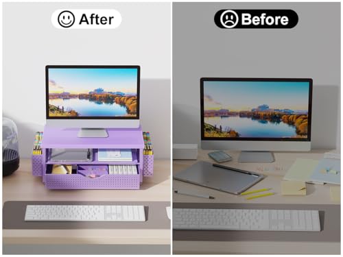 gianotter Desk Organizers and Accessories, Monitor Stand with Drawer and 2 Pen Holder, Desktop Organizer Suitable for Offices and Dormitories (Purple-Plain) - color: Purple-Plain