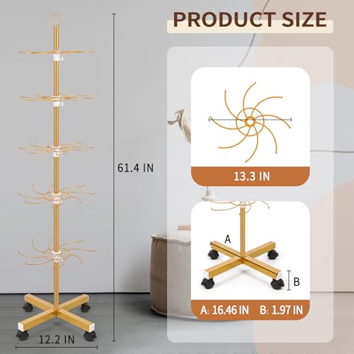 Flenpptly Retail Display Stand, 5-Tier Rotating Display Rack for Store Display, Movable and Adjustable Spinning Display Stand for Earrings, Jewelry, Keychains, Socks Display (Gold) - color: Gold