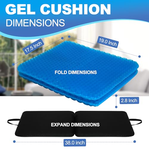 Gel Seat Cushion for Long Sitting-Two Sizes Gel Cushion(Thick&Large)19"x17.5"x2.8"/38"x17.5"x1.4"(Fold/Expand), Pressure Relief Cushion for Office Chair, Egg Cushions for Wheelchair, Gel Pad for Car - color: Double Size Blue Gel
