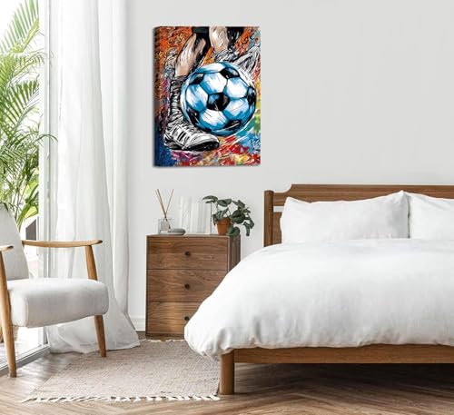 Soccer Decor Football Canvas Wall Art,Soccer Sport Theme Canvas Wall Art,Vintage Graffit Football Art Poster Sports Theme Football Paintings for Teen Boys Room Wall Decor (12X16 in,Framed) - color: Framed-- Soccer Decor Football Canvas Wall Art