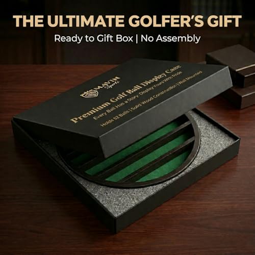 Golf Ball Display Case for 32 Balls – Modern Golf Decor ft. 18” Moon Shelf Design, Solid Wood, Wall Mounted, Dark Brown Finish – Golf Ball Holder & Display Cases for Collectibles