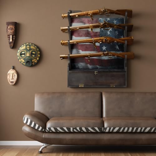 Yuntau Four Gun Wooden Gun Display Rack with Cabinet Storage Compartment and Soft Pad for Rifle Accessories Shotgun Rifle Rack for Wall Mount Home Indoor Decor - style: American Flag