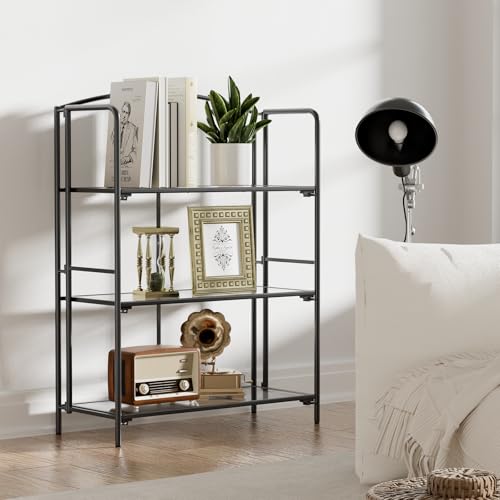 Crofy 3-Tier Wider Foldable Bookshelf, Black Frame & Transparent Shelves | No-Assembly Collapsible Portable Storage Organizer; Sturdy Transparent Shelves; Ideal for Living Room & Home Office - color: Black Frame & Transparent Shelf, size: 3 Tier Wider