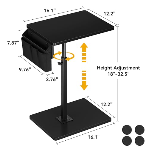 Vagusicc Sofa Armrest Tray Table for Couch, 360° Swivel Height Adjustable TV Tray Table for Small Spaces, Snack Side Table for Couch, Bed, Chair, C Shaped End Side Table for Eating, Reading, Laptop - color: Black, style: With Storage Bag