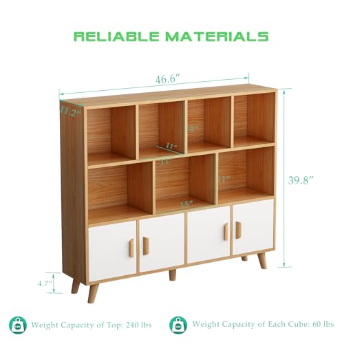 OSCHF Cubby Shelf Bookcase with Doors - Wooden 11 Cube Floor Standing Open Bookshelf with Solid Wood Legs, 3-Tier Storage Cabinet, Oak and Warm White - color: Oak + White