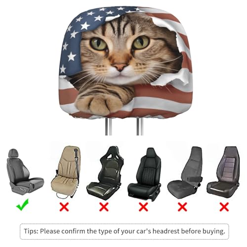 Dujiea 2 Pack American Flag Cat Car Headrest Covers, Universal Soft Car Seat Head Rest Cover Protector, Vehicle Accessories Fabric Headrest Cover for Cars Vans Trucks - color: American Flag Cat