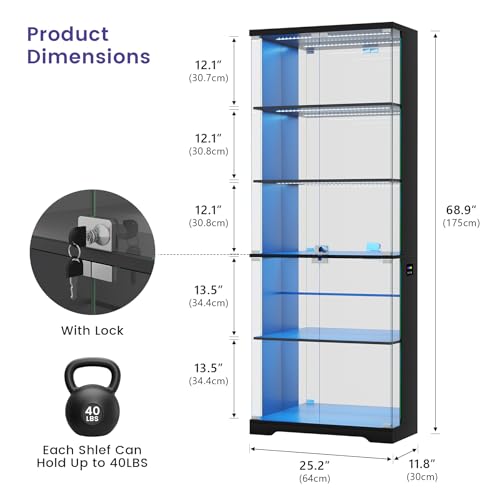TAGELIER 69" Tall Display Cabinet with Glass Doors, RGB Lights | 5-Tier Shelves, Modern Locking Wooden Display Case for Collectibles, Figures, Books, Human Sensor, Black - color: Black