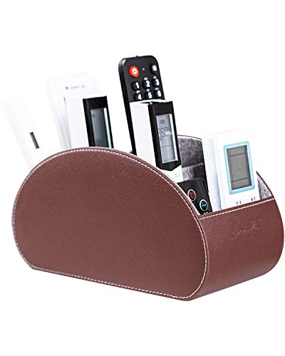 BONNY DODO Remote Control Holders Organizer Box with 5 Compartment PU Leather Multi-functional Office Desk Storage Caddy Store (Brown) - color: Brown