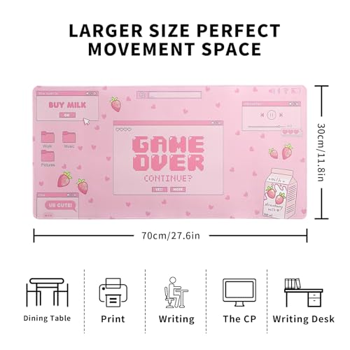 Pink Gaming Mouse Pad 27.6x11.8 Inch Pastel Game Over Large Mousepad Kawaii Office Decor for Women Non-Slip Rubber Base Stitched Edges Keyboard Mouse Mat Desk Pad for Office Home and Game - color: Game Over